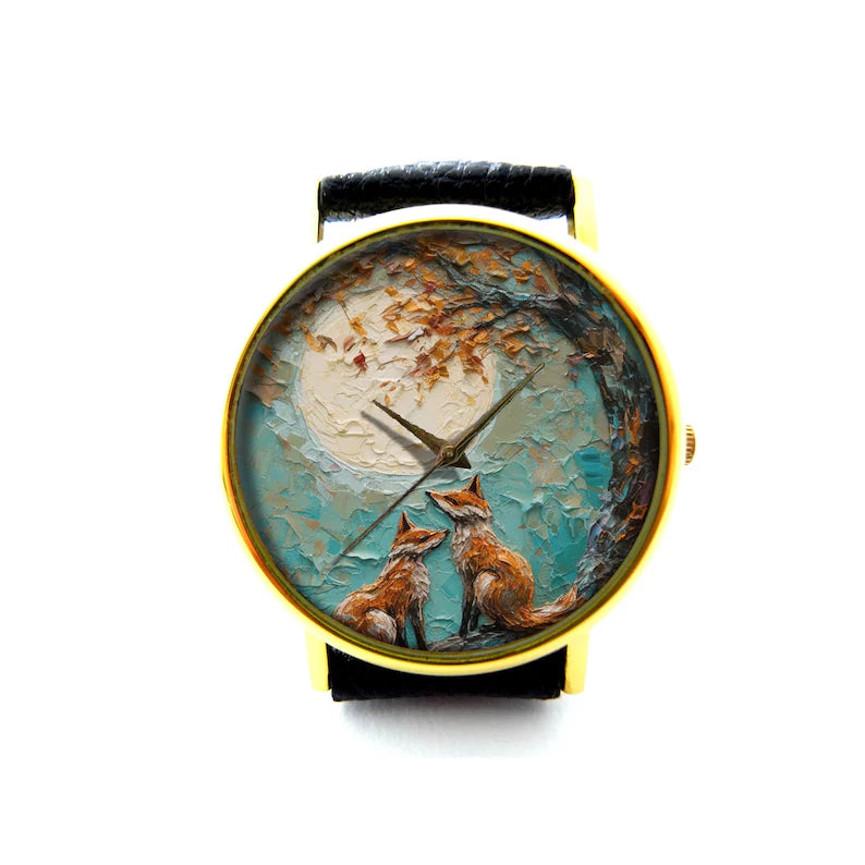 Oil Effect Print Loving Foxes Leather Watch, Fox Unisex Watch, Personalized Watch, Not Real Oil Printing, It's Flat Printing