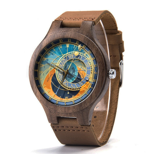 Prague Astronomical Clock Wood Leather Watch, Steampunk Wood Watch, Unisex Watch, Man Size Watch, Steampunk Astrology Jewelry