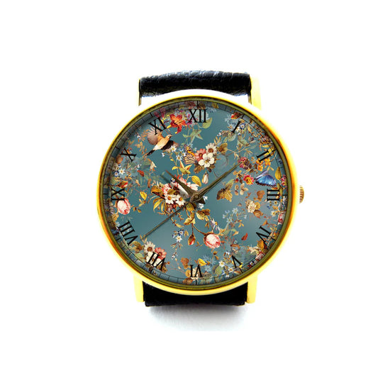 Floral Print Leather Watch, Floral Watch, Butterfly Watch, Ladies Watch, Mens Watch, Unisex Watch, Birds Jewelry