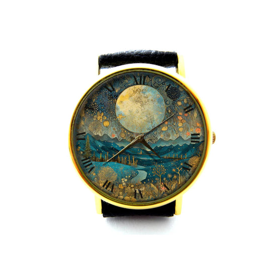 Moon Flower Leather Watch, Full Moon Ladies Watch, Flower Unisex Watch, Vintage Moon Watch, Moon Jewelry