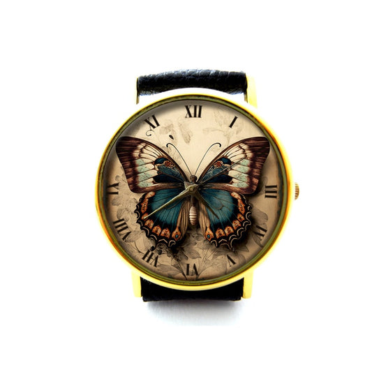 Vintage Butterfly Leather Watch, Butterfly Watch, Unisex Watch, Butterfly Jewelry, Butterfly Gift, Holiday Gift