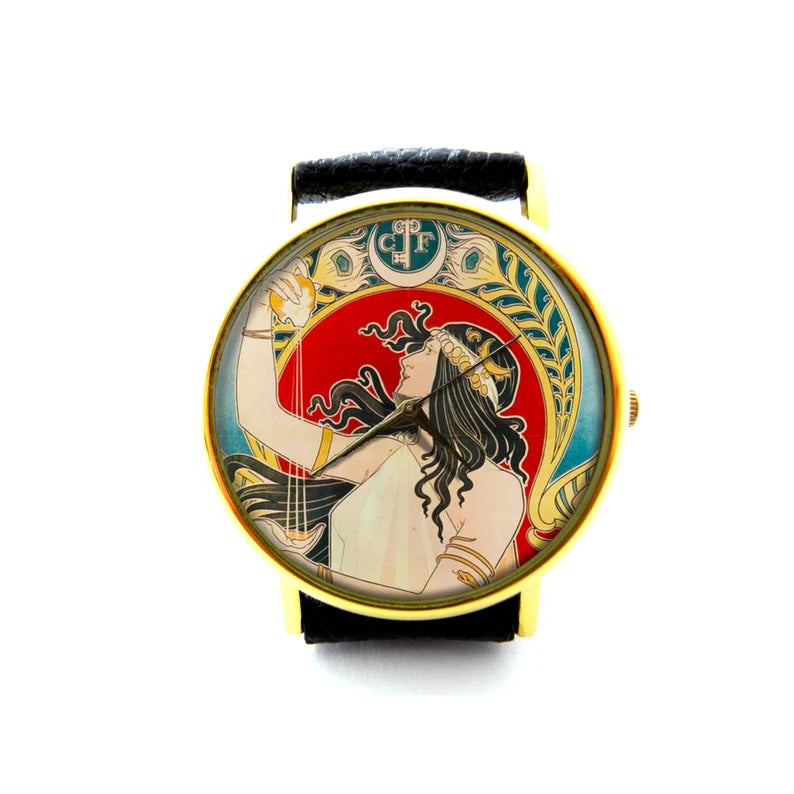 Gypsy Fortune Teller Leather Watch, Vintage Gypsy Art Watch, Nouveau Gypsy Watch, Romantic Gift Jewelry, Lovers Gift