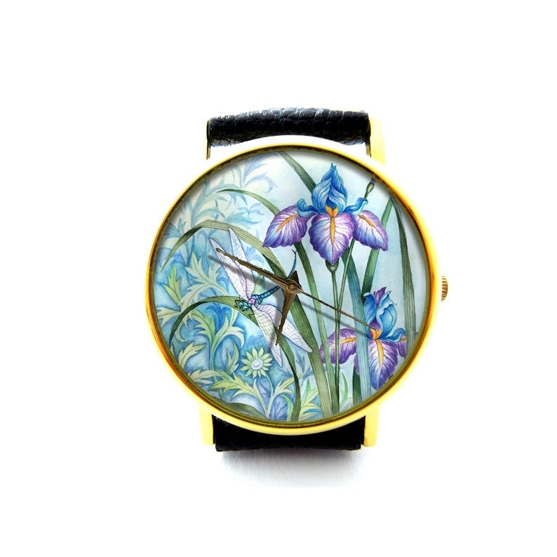 Dragonfly and Iris Leather Watch, Dragonfly and Iris Ladies Watch, Unisex Watch, Iris Jewellery