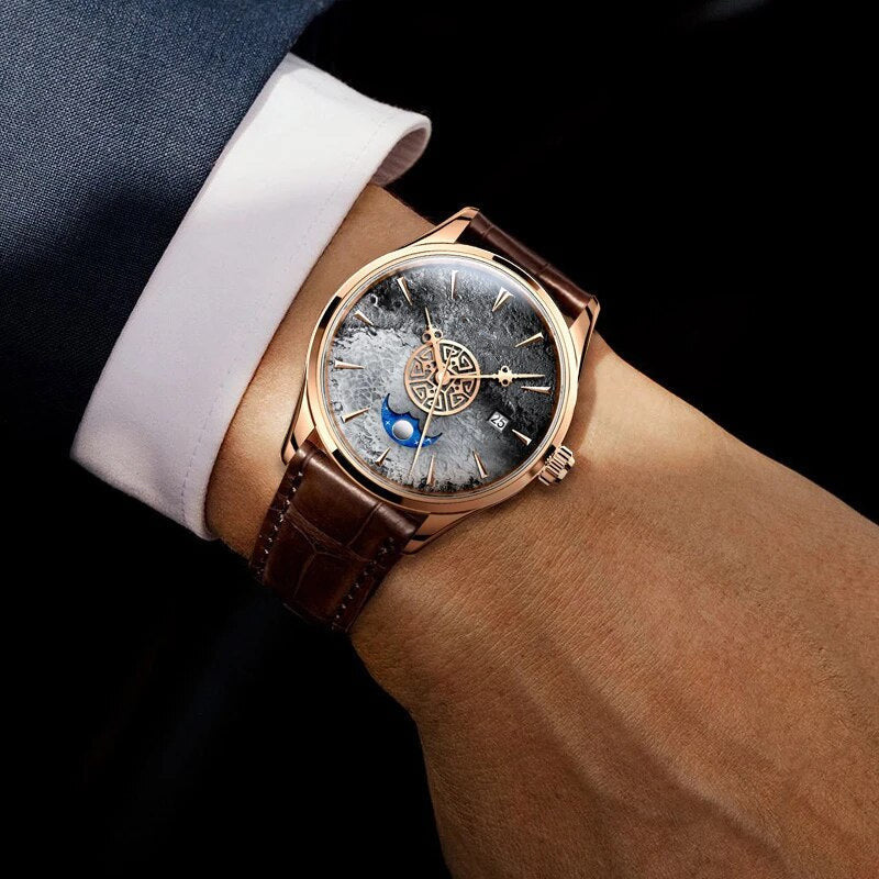 Men’s Waterproof Meteorite Dial Sapphire Crystal Mechanical Wristwatch